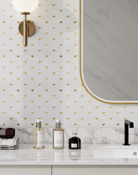โมเสคหินอ่อน TIMELESS TILES รุ่น LUCKY CLOUD 23.7X29.8 ซม. สีขาว ตกแต่งสเตนเลสสีทอง CRYSTAL WHITE_3